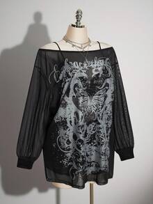SHEIN ICON 女款大尺碼露肩蝴蝶印花長袖網紗黑色洋裝 - 黑色 - 查看 8