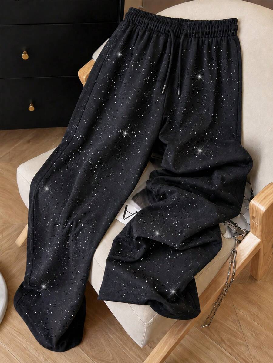SHEIN 青少年女孩春夏海灘度假休閒日常居家穿著百搭100%純棉梭織舒適素色寬鬆長褲附口袋 - 黑色 - 查看 1