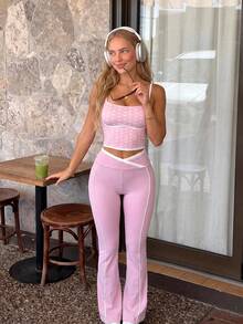 SHEIN Sovereign Charm Women's Colorblock Asymmetric Waist Flare Leg Sports Pants - Pink - View 7