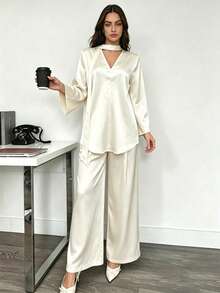Modelyn V-Neck Tie Flare Sleeve Satin Top & Loose Wide Leg Pants 2 Pieces Set, Champagne Color - Champagne - View 4