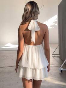 Avenya Halter Neck Tie Back Open Back Sexy Ruffle Mini Dress, Party Dress, Wedding Guest Outfit, Night Out, Birthday Party - Apricot - View 5