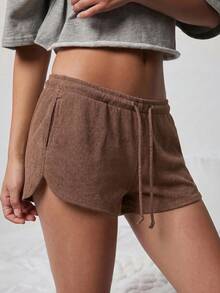 WESTFADE Pantalón corto de estar por casa de punto texturizado con lazo delantero y cintura media, lindo - Marrón - Ver 9