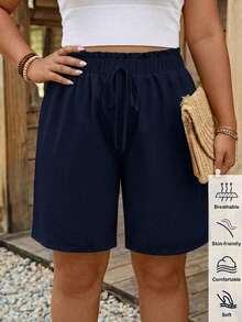 Comfylo Plus Size Solid Color Casual Versatile Shorts For Vacation - Navy Blue - View 1