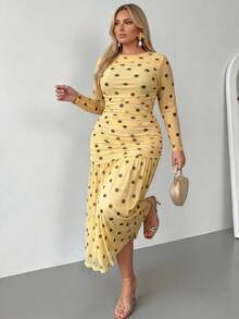Auralis Plus Size Women Polka Dot Pattern Pleated Long Sleeve Elegant 90s Dress Party Cocktail Wedding Guest Birthday Beach Outfit Going Out Yellow Autumn - Yellow - View 6