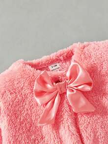 SHEIN Elladie kids 女嬰幼兒秋冬新款百搭優雅毛絨蝴蝶結開襟外套，適合外出，米色/杏色，完美適配日常穿著與派對場合 - 西瓜粉 - 查看 3