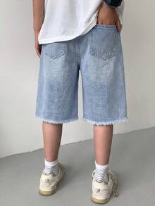 SHEIN 男童牛仔短褲，夏季，柔軟，棉質，休閒街頭風，彈性腰帶，經典五口袋設計，淺藍色水洗百慕達短褲，適合學校 - 淺色水洗藍 - 查看 2
