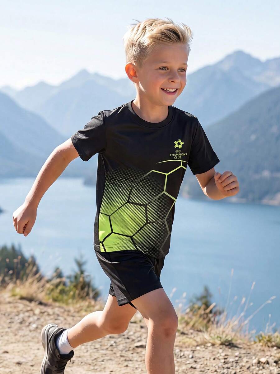 SHEIN Young Boy Casual Football Print Round Neck Short Sleeve T-Shirt And Shorts Sports Set - Green - View 1