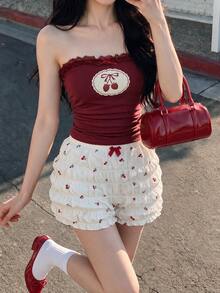 SHEIN MOD Women's Cherry Bubble Ruched Shorts With Elastic Waist And Bow Decor,Red And White Cute Summer Ivory Ruffle Shorts For Home Beach Vacation Pajama - Multicolor - View 1