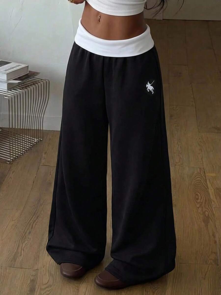 SHEIN 青少年女孩騎士印花拼色寬腿寬鬆休閒運動長褲 - 彩色 - 查看 1