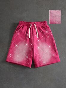 ROMWE MEN Street Life Shorts de calle para adolescente con cintura de cordón, bolsillos y pedrería - Rosa - Ver 7