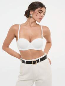 Bralution 1pc Thin Padded Underwire Half Cup Sexy Lace Patchwork Push-Up Minimalist Comfortable Bra - White - View 3
