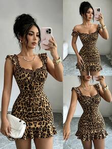 BamGleam Women's Leopard Print Front Tie Fashion Pleated Ruffle Dress - Brown - View 1