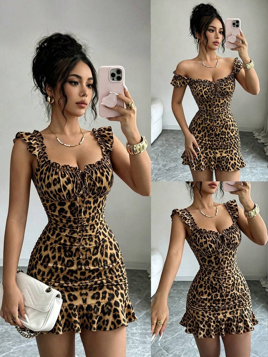 BamGleam Women's Leopard Print Front Tie Fashion Pleated Ruffle Dress - Brown - View 1