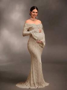 Cheriluna Maternity 聖誕派對拍照禮服 優雅性感 寶寶迎新會 露肩淺藍色蕾絲長袖 超長魚尾婚禮孕婦秋季款 - 卡其色 - 查看 1