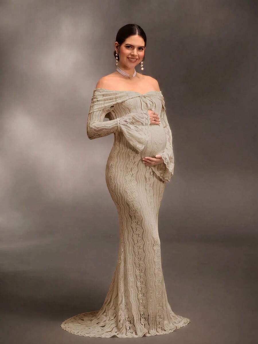 Cheriluna Maternity 聖誕派對拍照禮服 優雅性感 寶寶迎新會 露肩淺藍色蕾絲長袖 超長魚尾婚禮孕婦秋季款 - 卡其色 - 查看 1