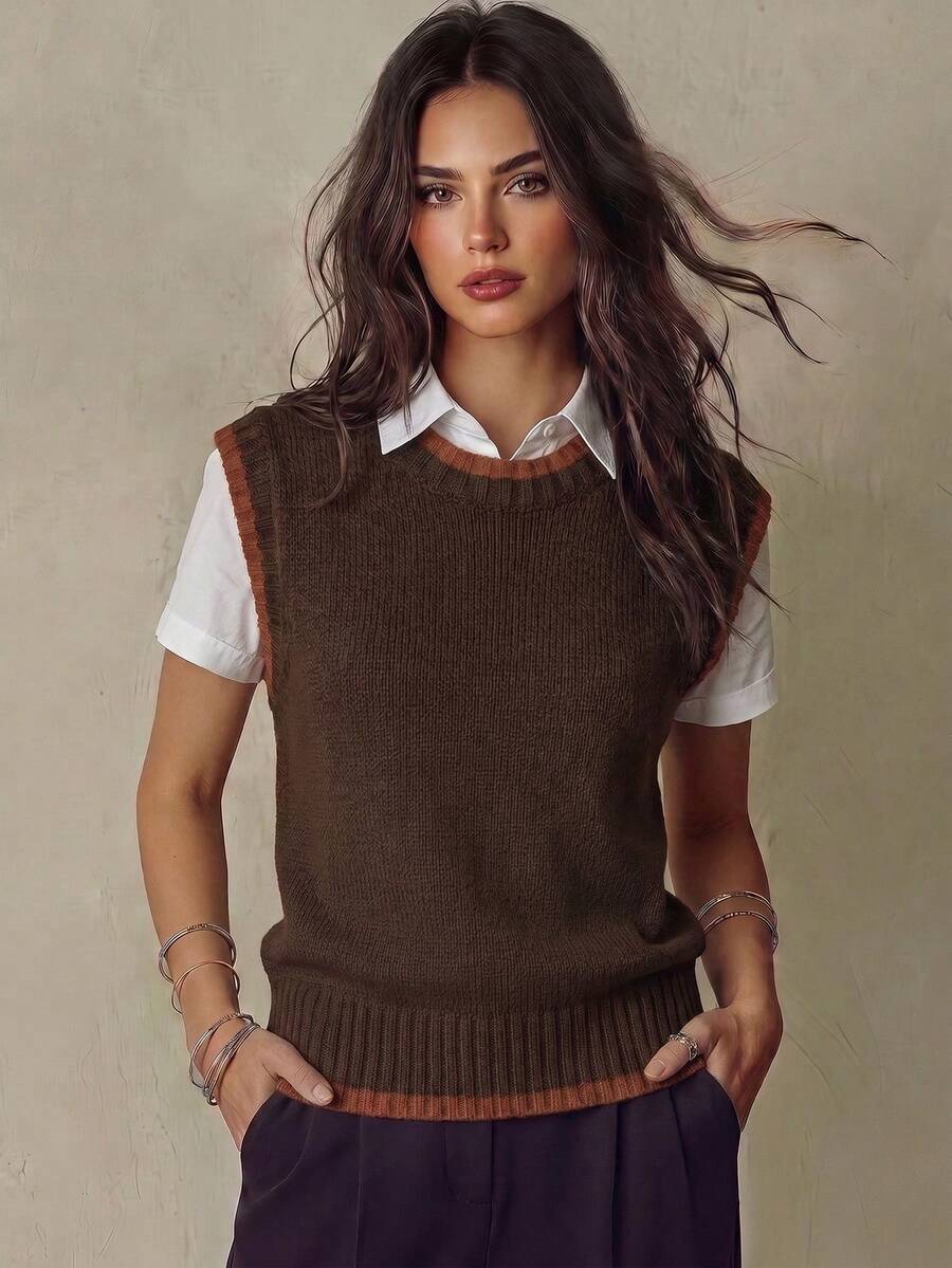 Franclia Casual Loose Round Neck Sleeveless Contrast Trim Knit Top For Women, Spring/Autumn Brown - Multicolor - View 1