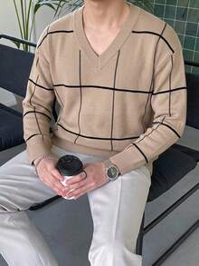 DAZY 男士長袖V領卡其色與黑色條紋針織上衣，春秋款 - 卡其色 - 查看 5