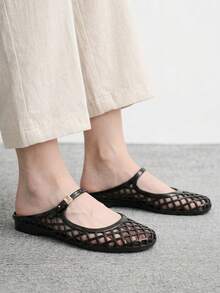 CUCCOO BIZCHIC 女款方頭水晶平底涼鞋，時尚海灘度假平底鞋 - 黑色 - 查看 1