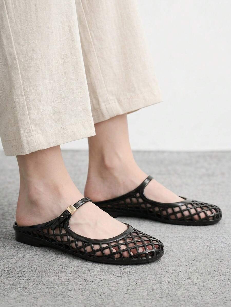 CUCCOO BIZCHIC 女款方頭水晶平底涼鞋,時尚海灘度假平底鞋 - 黑色 - 查看 1