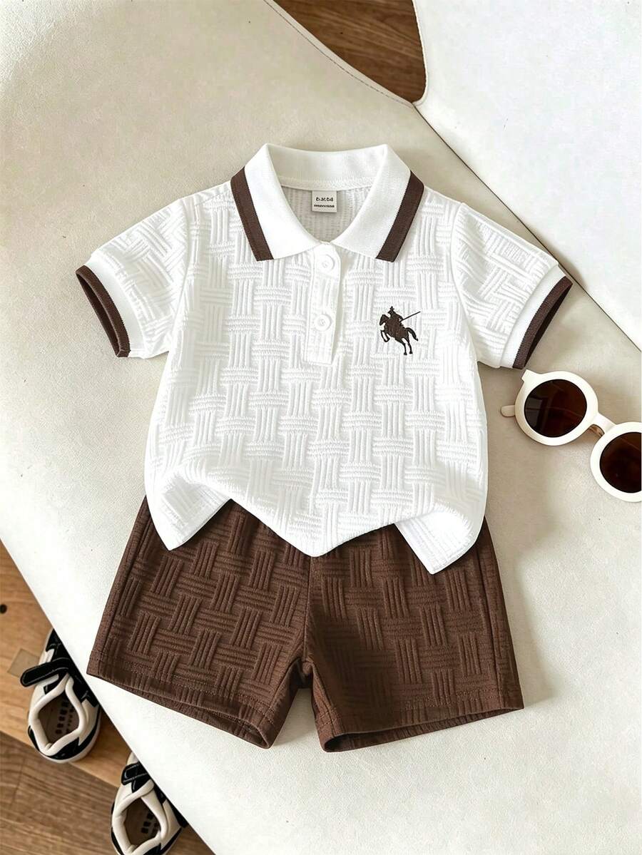 Souflis Souflis 男嬰海軍藍馬匹印花夏季提花 Polo 領短袖短褲兩件套 - 咖啡棕 - 查看 1