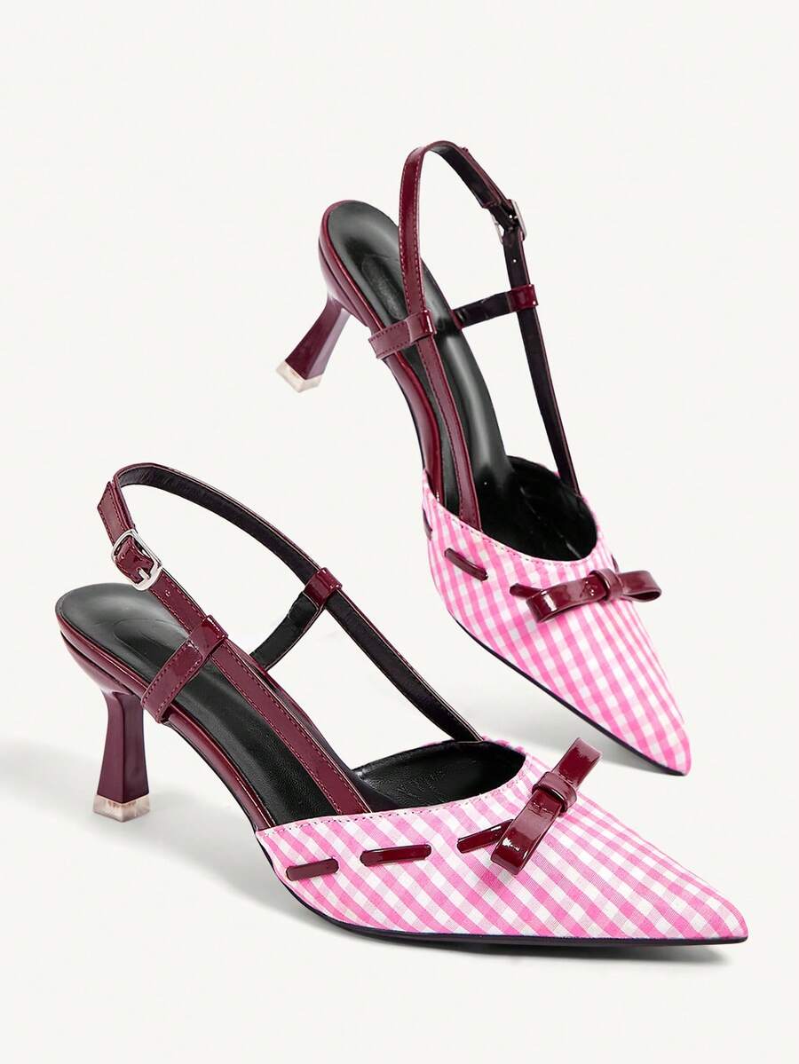 CUCCOO CHICEST Women's Shoes Bow Design Pointed Toe Stiletto Pink Burgundy Contrasting Color PU Leather Splicing Women's High Heel Shoes Fall Shoes - Pink 2 - View 1