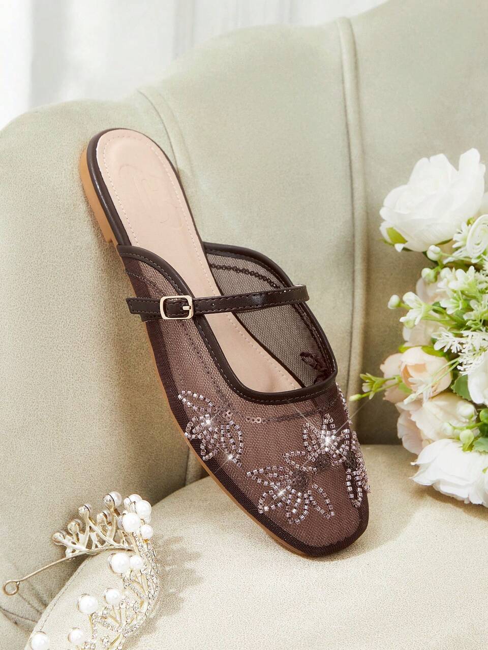 CUCCOO HITCHD Ladies Square Toe Lace Splicing Rose Decoration Casual Outdoor Breathable Hollow Flats, Ballet Flats, Mary Jane Shoes