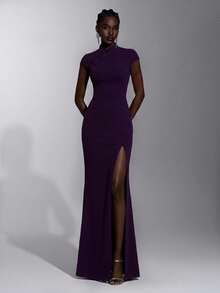 Elitara Elegant Romantic Purple Knit Cheongsam Collar Mermaid Dress Bodycon High Slit Cap Sleeve Women Prom Wedding Dinner Evening Formal Gown Winter - Purple - View 3