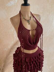 Soleia Women's Spring/Summer Romantic Tropical Boho Vacation 2 Pieces Set: Draped Neck Crochet Tank Top, Steel Bead Tassel Decor + Multi-Layer Ruffle Skirt - Burgundy - View 4