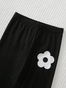 Cozy Pixies 女童針織套裝 春夏秋款 粉色休閒日常可愛趣味 黑白花卉圓領長袖衛衣 + 修身長褲內搭褲套裝，適合外出與度假 - 黑與白 - 查看 7