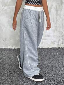 Pantalones rectos básicos esenciales de cintura elástica en gris francés, estilo casual deportivo de calle para niñas preadolescentes en verano - Gris - Ver 2