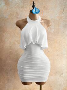 Mistrie Y2K Halter Neck Ruched Bodycon Mini Dress - Draped Backless Form Fitting Party DressBaddie Vibe Draped Halter Neck Ruched Mini Dress - Backless Bodyc - White - View 4