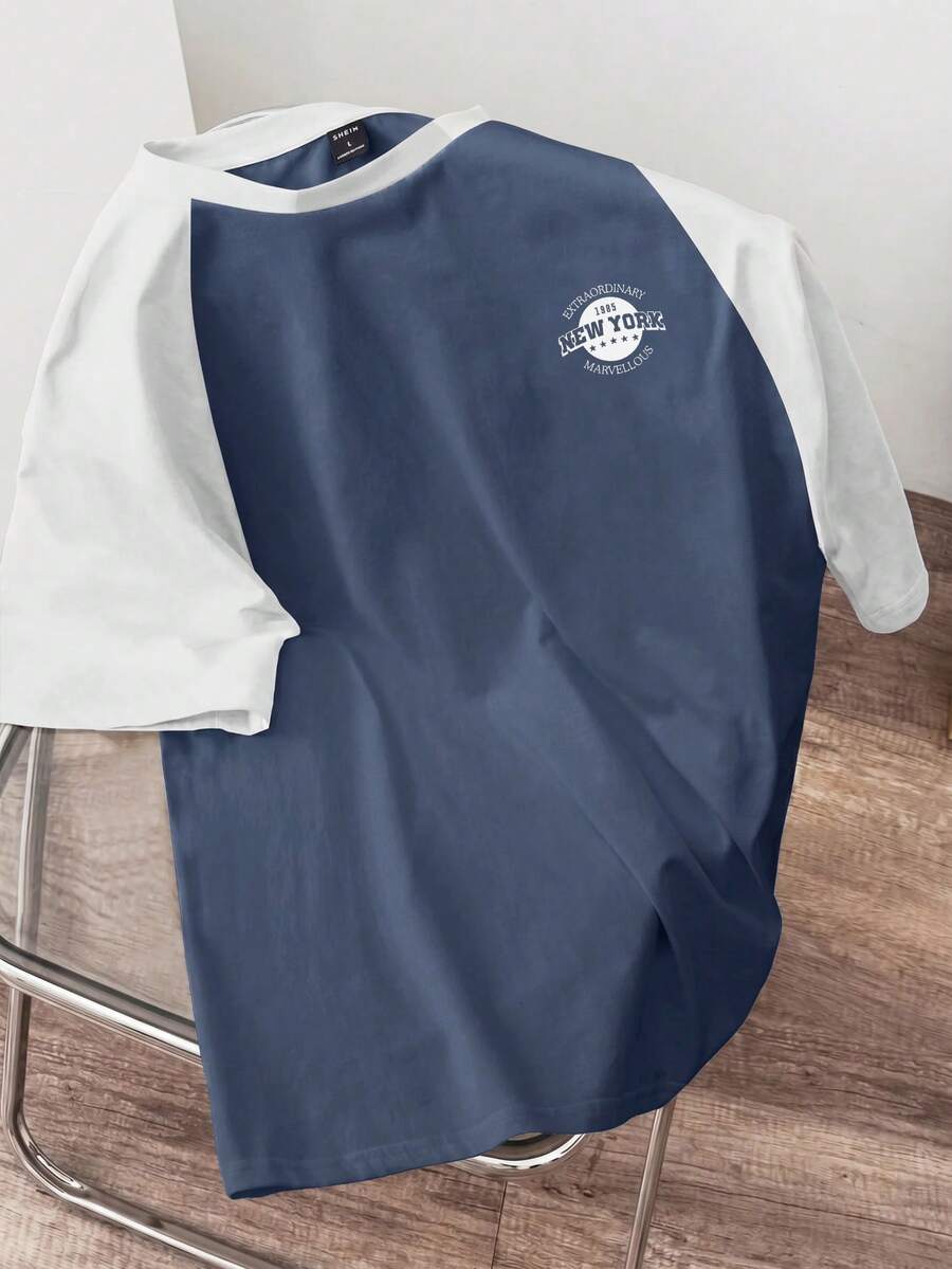 Manfinity Joysei Camiseta de manga raglán con bloques de color azul marino & blanco para hombres - Azul y blanco - Ver 1