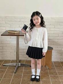 SHEIN Tween Girl Blouses Spring Autumn Winter New Woven White Casual Sweet Lady Solid Color Lace Patchwork Ruffle Long Sleeve Shirt, Doll Style Shirt, Back To School Season, Fashion Versatile - White - View 8