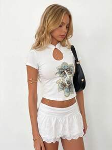 Sundraya Women's Casual Elegant Flowy White Ink Print T-Shirt, Summer Party - Multicolor - View 3