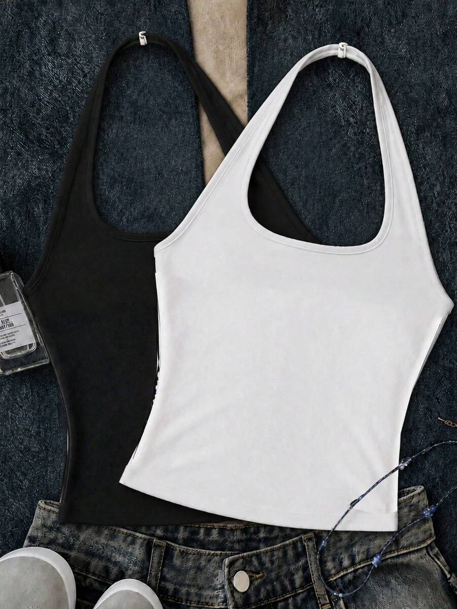 2 piezas de camisetas sin mangas con estampado de dibujos animados minimalista casual para niñas preadolescentes, adecuadas para el verano - Multicolor - Ver 1