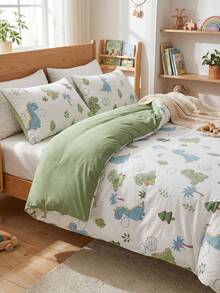 2/3pcs Green Dinosaur Pattern Bedding Set, Cartoon Cute Polyester Duvet Cover Pillowcase Bedding Set, Suitable For All Seasons, Soft & Breathable, Machine Washable, Gift For Boys, Girls, Children (1 Duvet Cover + 1/2 Pillowcase, No Filler) - Green - View 8