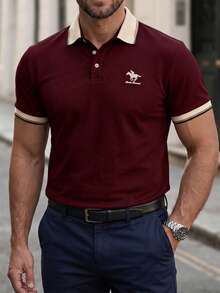 Manfinity Mode Men's Business Casual Ribbed Collar Short Sleeve Polo Shirt, Formal, Ceremony - Burgundy - View 4