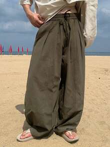 DAZY Long Brown Curved Blade Design Loose Elastic Waist Men's Pants - Brown - View 7