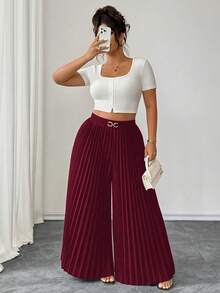 Elenzga Plus Size Spring New Pleated Wide Leg Pants, Suitable For Commuting, Gatherings And Various Occasions. Suitable For Casual, Commuting, Vacation, Afternoon Tea, Christmas Party And Other Occasions. - Burgundy - View 6