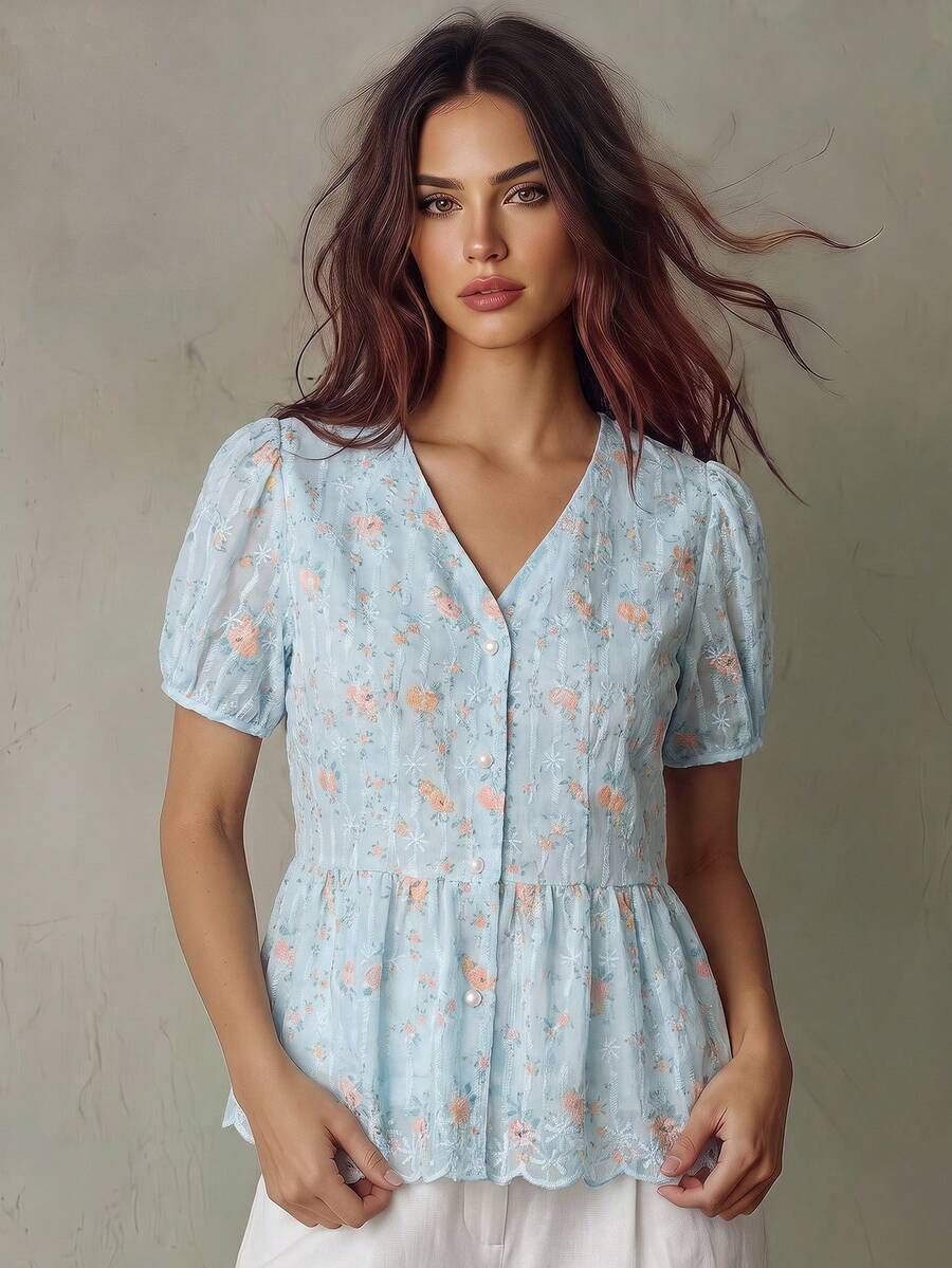 Franclia 法式浪漫刺绣V领短袖女衬衫 - 藍色 - 查看 1