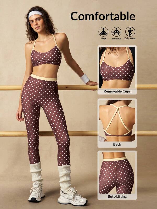 VARSIVA Women's Polka Dot Colorblock Halter Top And High Waist Leggings Casual Daily Sports Outfit