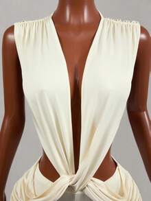 Mistrie Women's Solid Color Deep V-Neck Twist Design Cutout Sleeveless Sexy Jumpsuit Party Club Beige Summer - Apricot - View 6