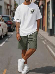 Sorvial Men's Fitted White Knit Top And Army Green Woven Shorts Set, Minimalist Slogan Design - Army Green - View 4