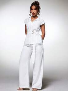 Normani Women's Solid Color Cap Sleeve Top And Long Pants Casual Elegant Daily 2 Pieces Set Vacation White Summer - White - View 4
