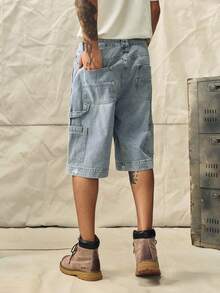 Vintage Light Blue Washed Denim Oversize Casual Cargo Shorts, Distressed Hem, Street Style - Light Wash - View 2