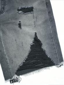 Manfinity EMRG Men's Fashionable Gradient Color Distressed Fringed Washed Gray Gradient Denim Shorts, Holiday - Grey - View 6