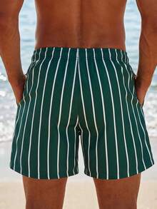 Manfinity EZcore Summer Plus Size Men's Striped Print Slant Pocket Drawstring Waist Casual Beach Shorts Holiday / Vacation / Beach / Hawaii / Tropical / Swim /  Bathing - Olive Green - View 2