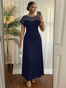 SHEIN Lady CURVE 大尺碼優雅派對網紗拼接洋裝 - 藏蓝色 - 查看 4