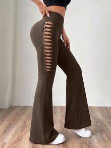 SHEIN Sports Women's Solid Color High Waist Ruched Hip Flared Butt Lifting Leggings - Brown - View 5