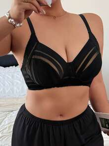 Napfluff CURVE Napfluff CURVE Women's Plus Size Striped Sheer Mesh Underwire Bra, Large Bust Slimming Support & Push-Up Lingerie, 1pc - Black - View 3